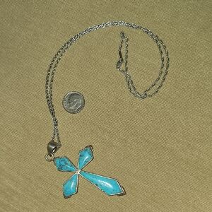 Vintage Stamped SX 925 Silver Thailand Turquoise Cross Pendant Necklace 15in